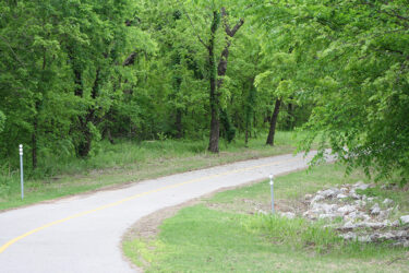 A Winding Paved Path Surrounded by Dense Green Trees and Grass, with Small rocks on the Right Side at Council Road RV Park